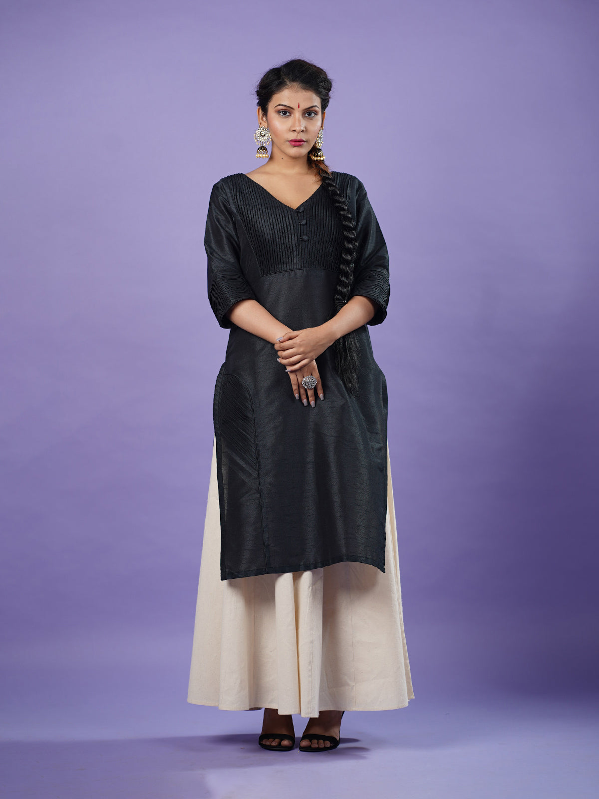 Black raw silk kurta