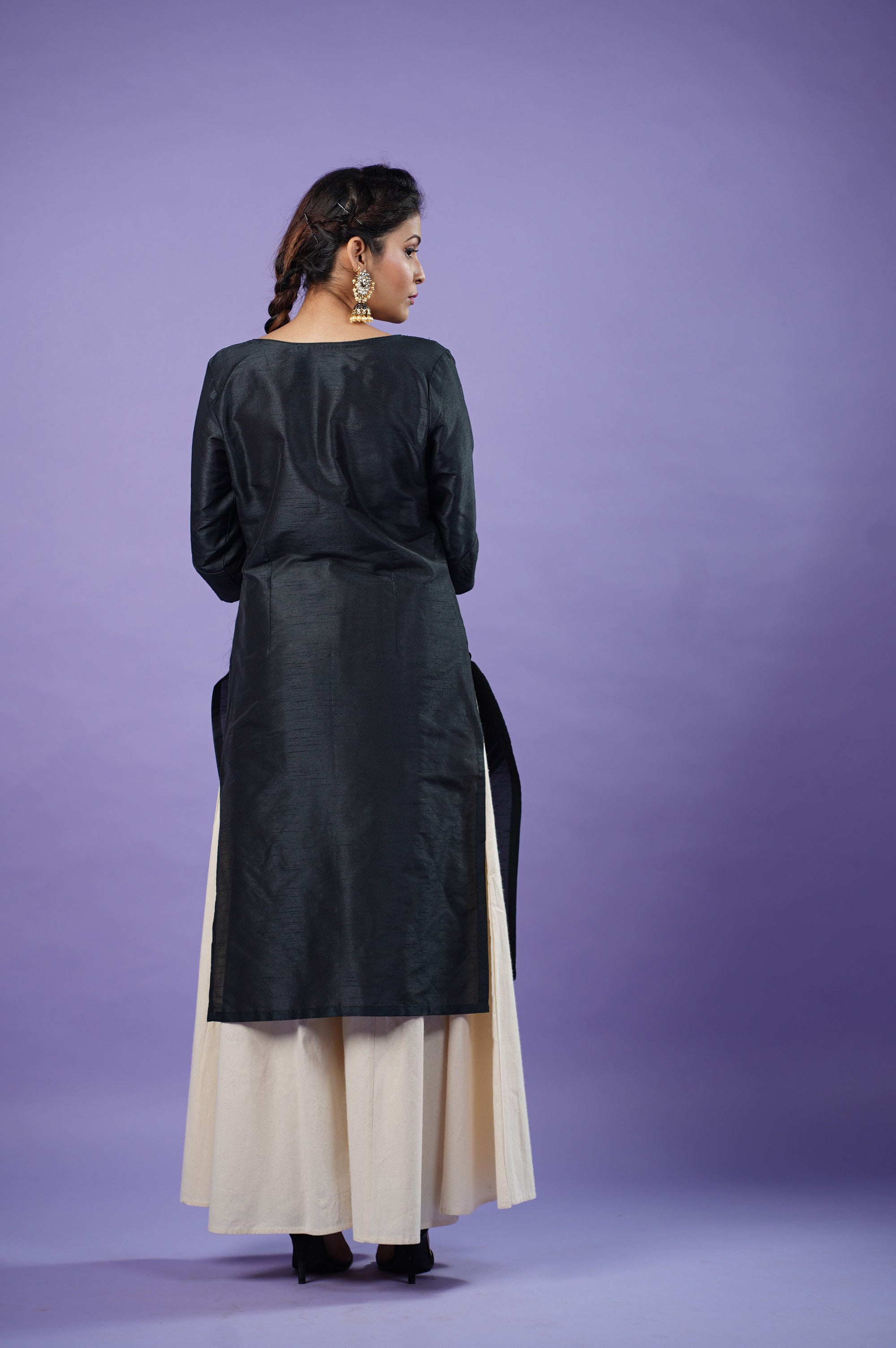 Black raw silk kurta