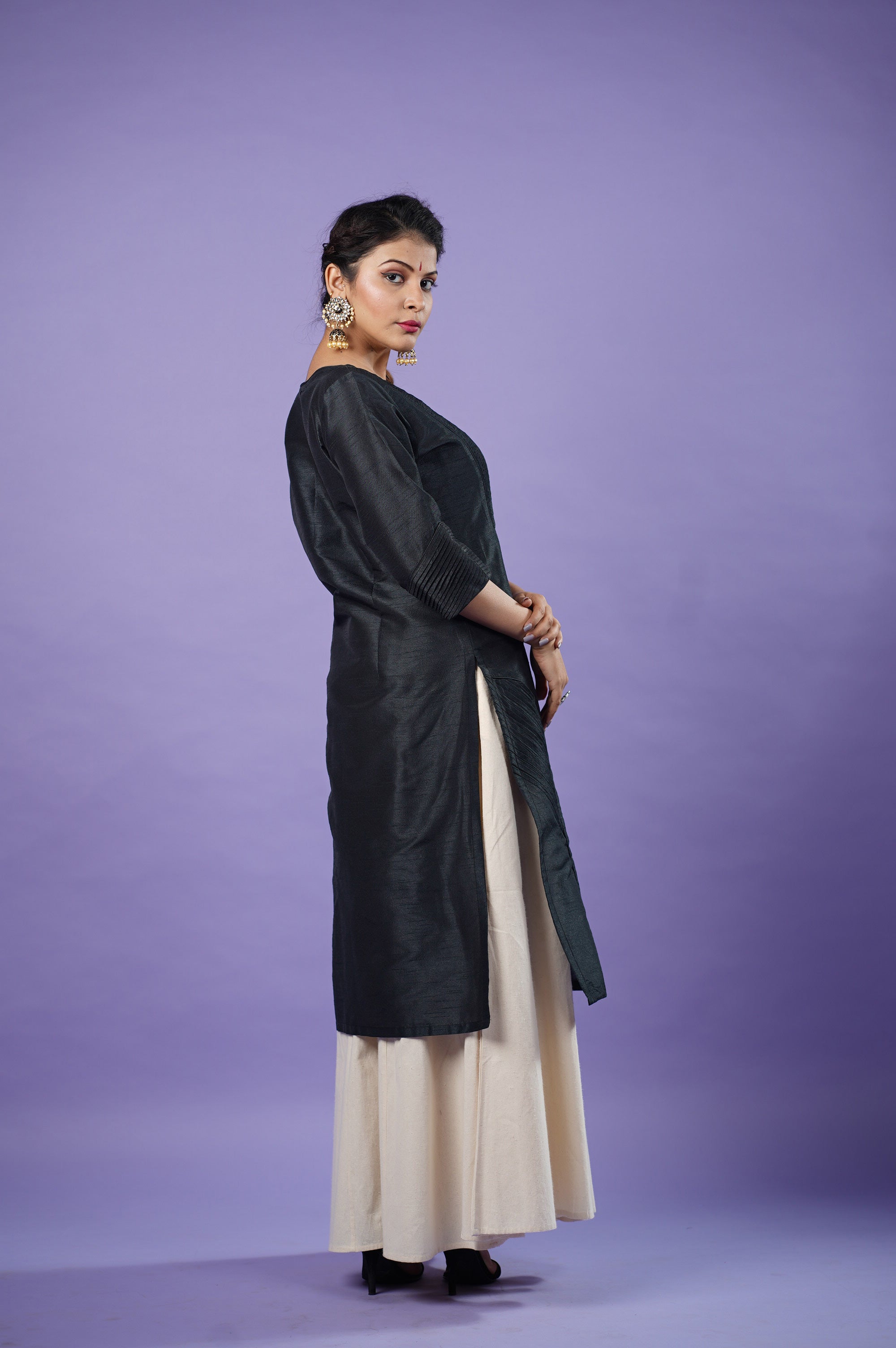 Black raw silk kurta