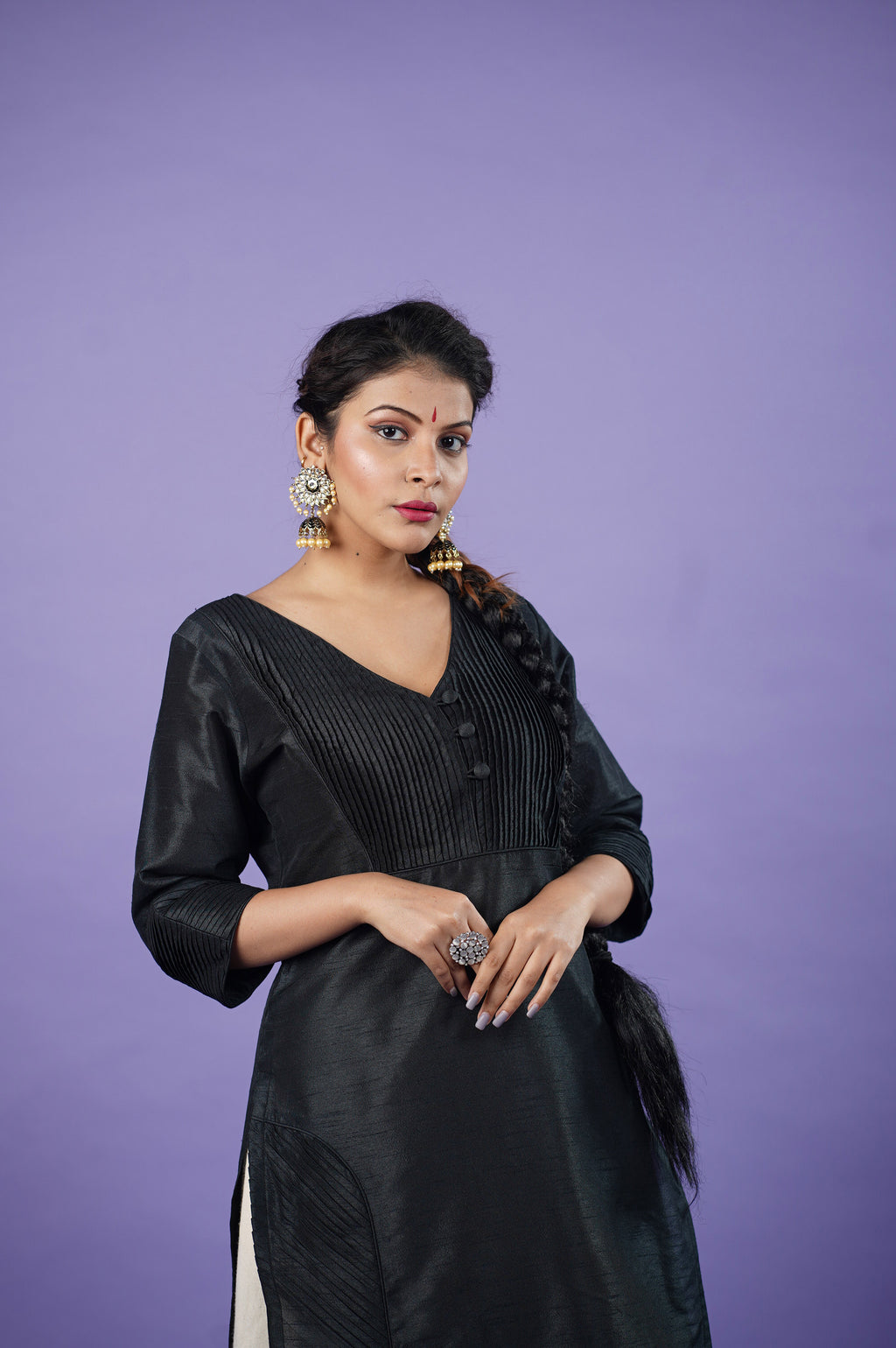 Black raw silk kurta