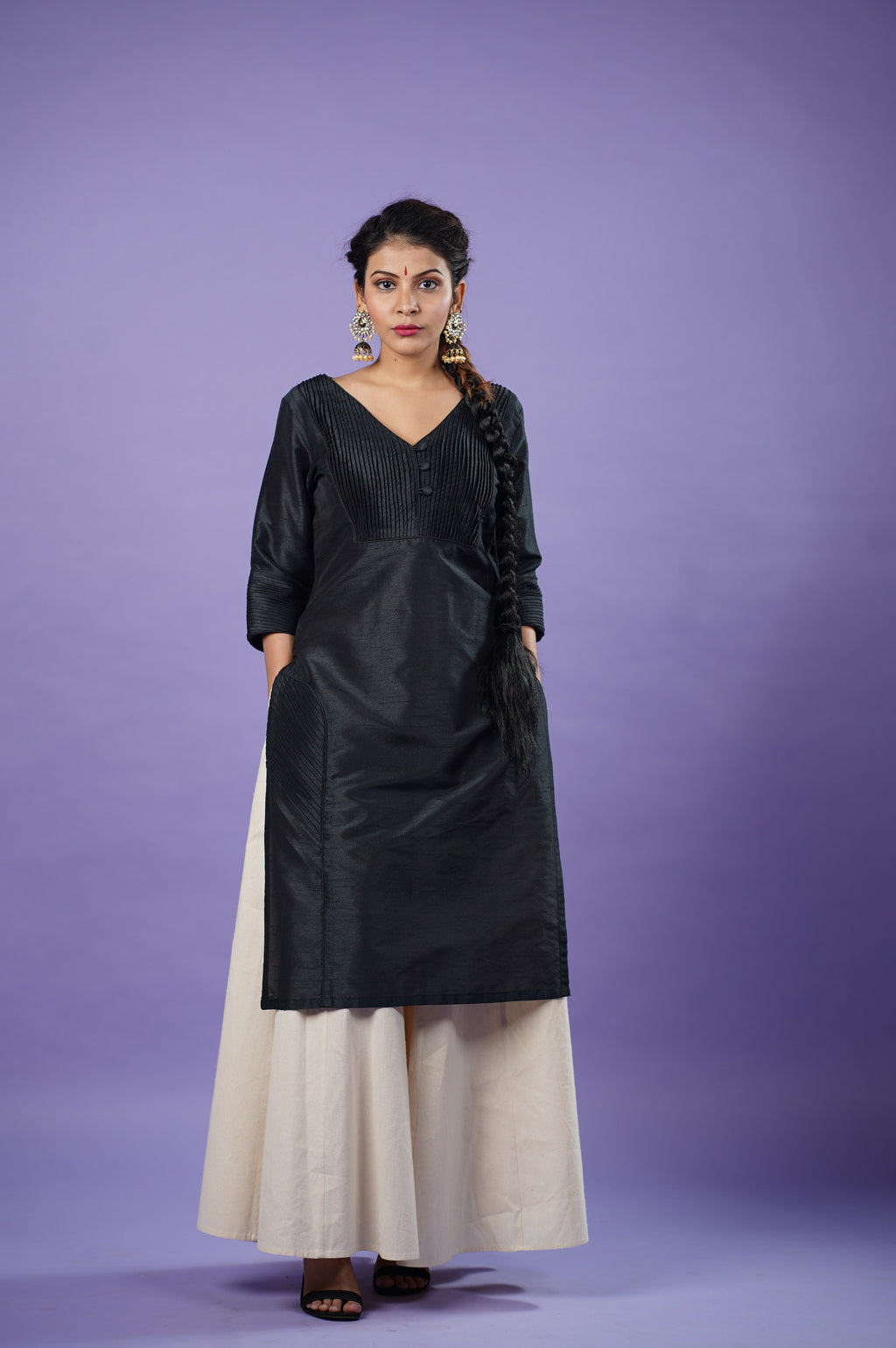 Black raw silk kurta