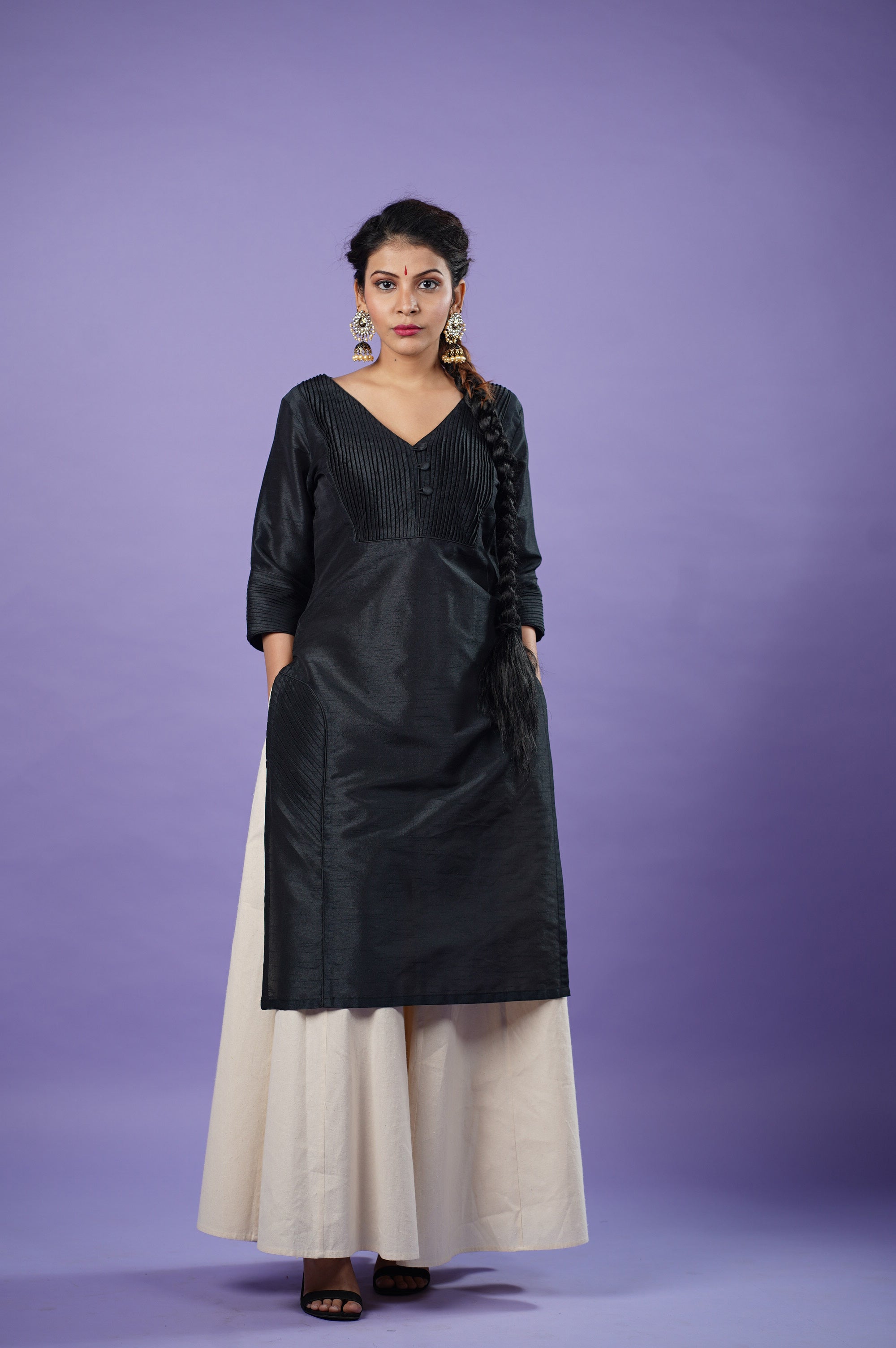 Black raw silk kurta