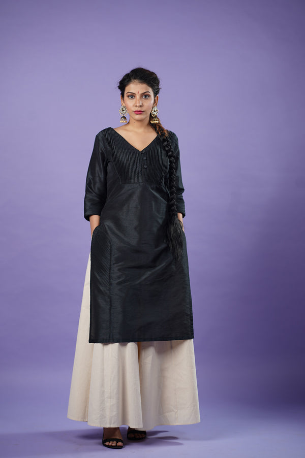 Black raw silk kurta