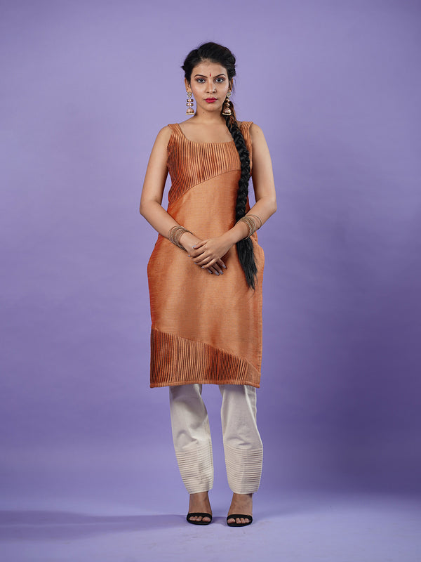 Rust orange Sleeveless raw silk kurta