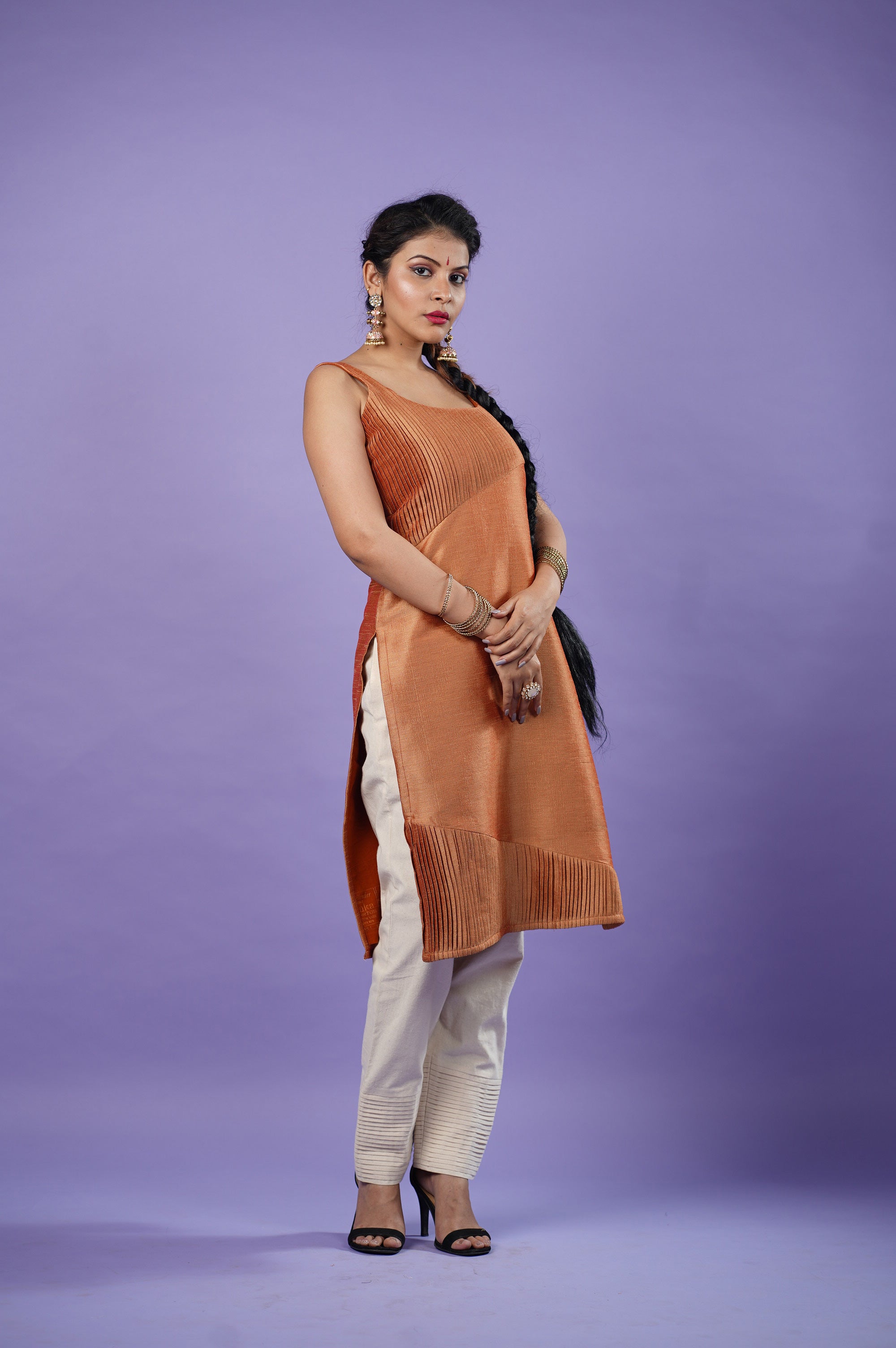 Rust orange Sleeveless raw silk kurta
