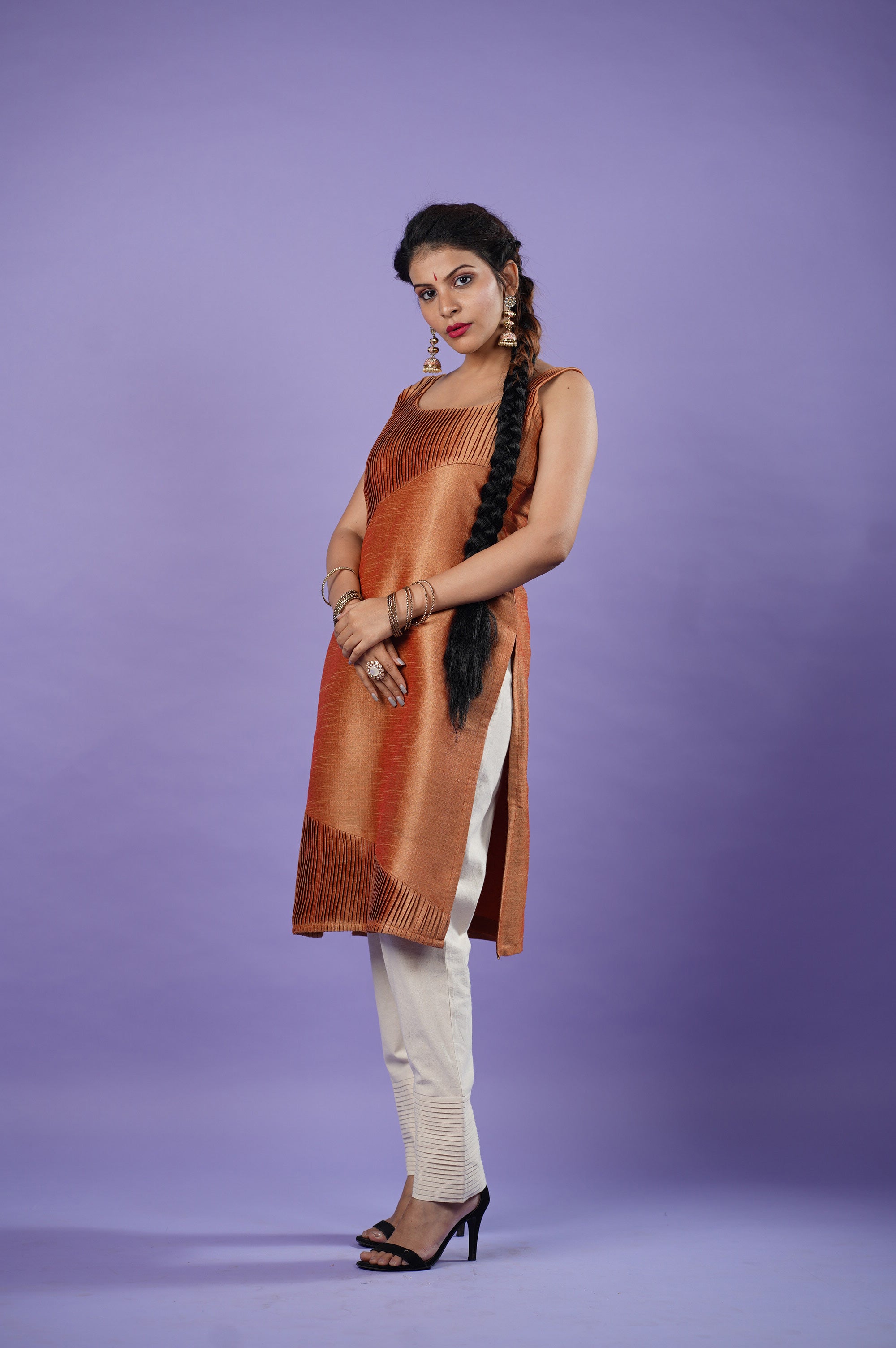 Rust orange Sleeveless raw silk kurta