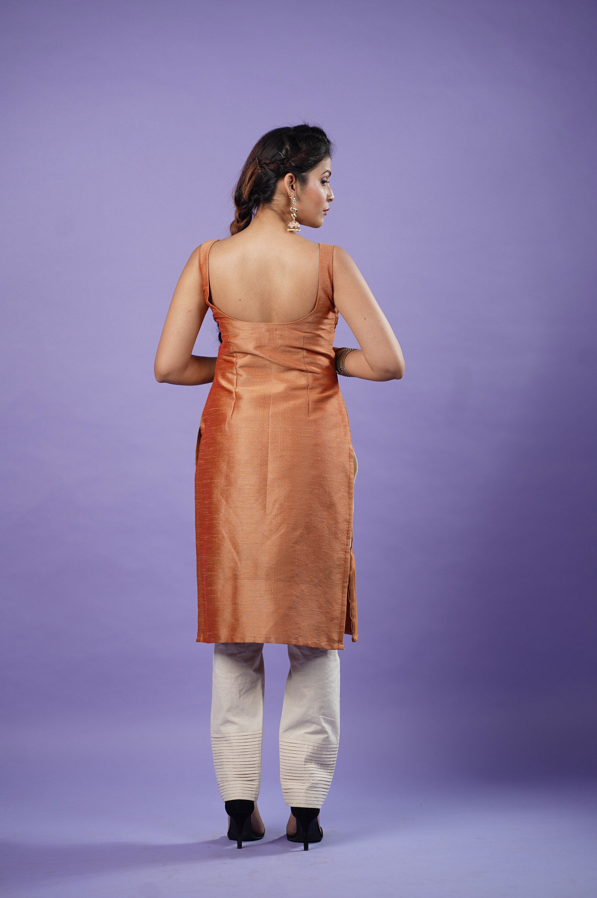 Rust orange Sleeveless raw silk kurta