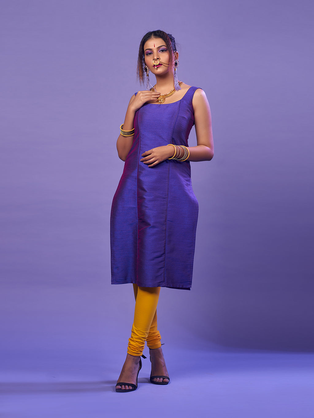 Purple Sleeveless raw silk kurta