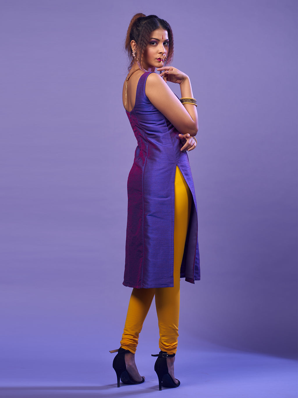 Purple Sleeveless raw silk kurta