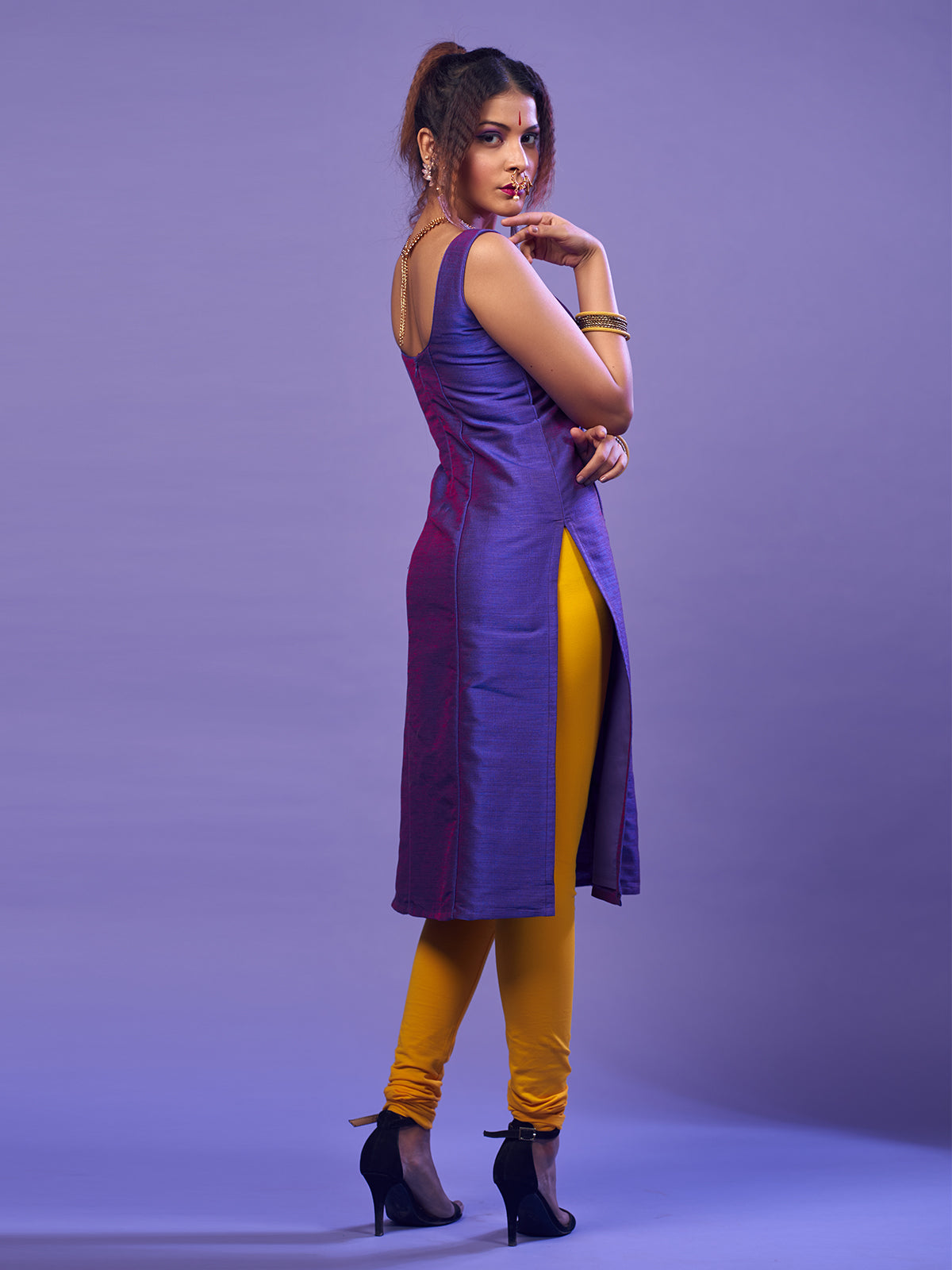 Purple Sleeveless raw silk kurta