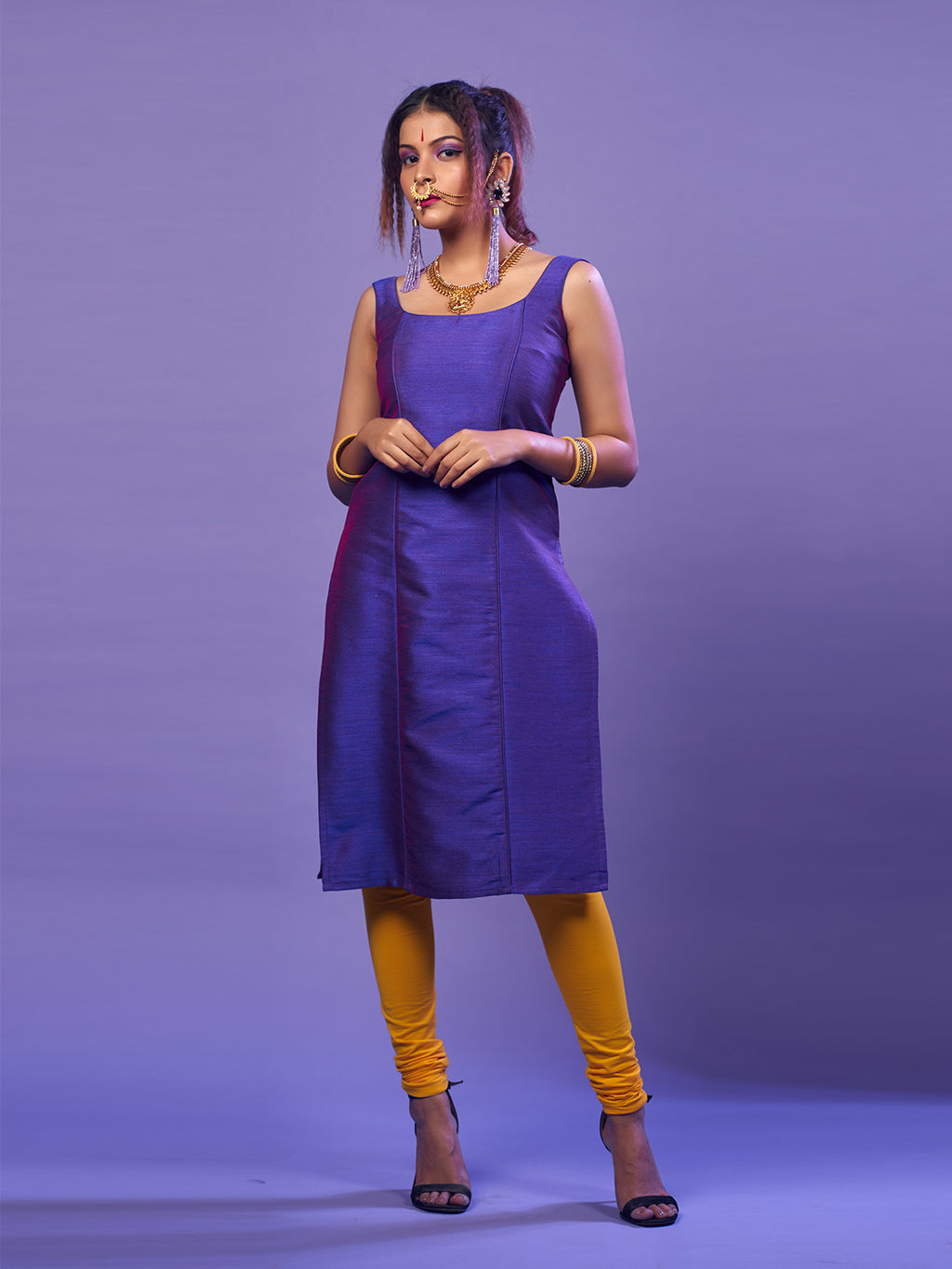 Purple Sleeveless raw silk kurta