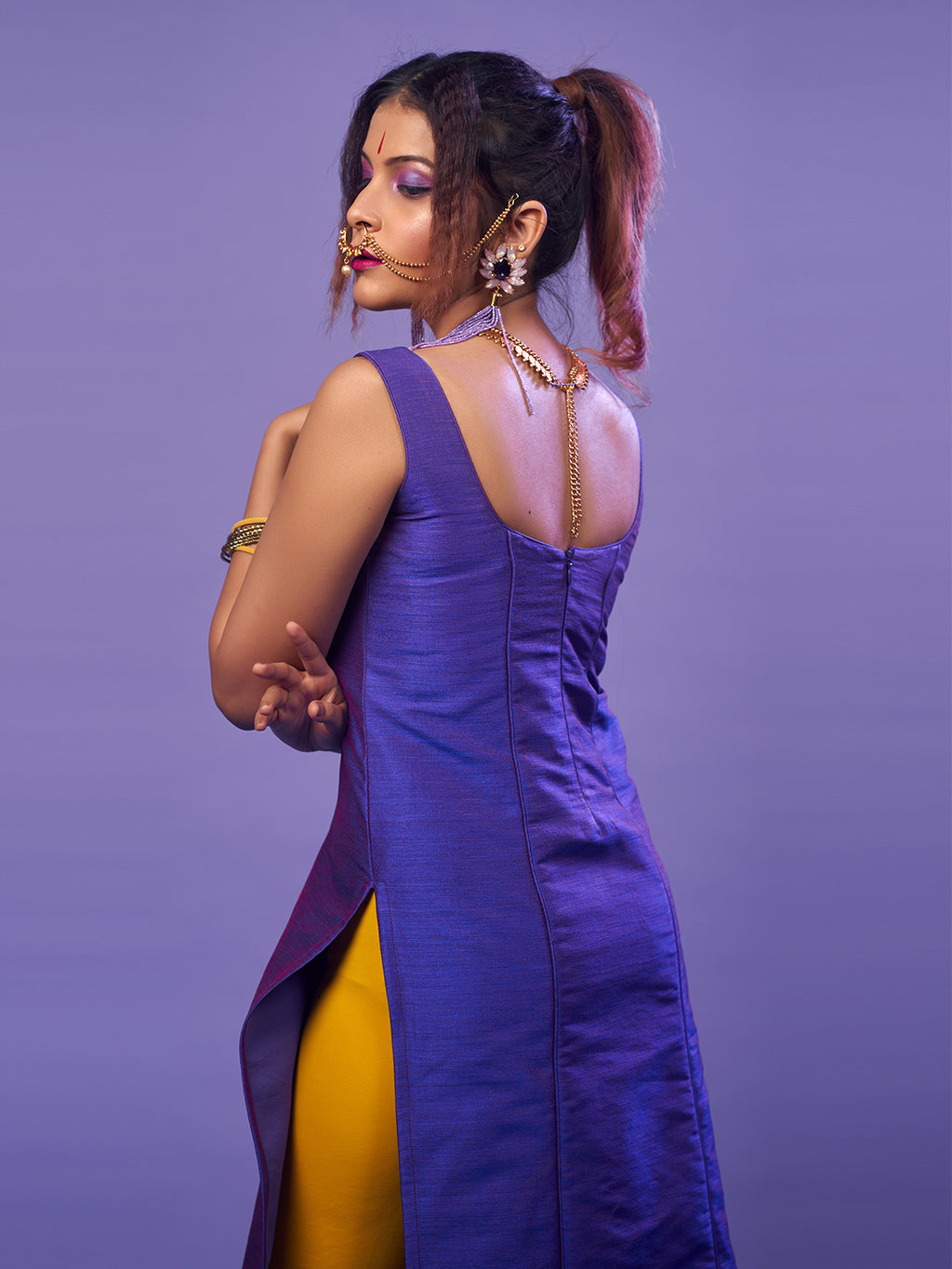 Purple Sleeveless raw silk kurta