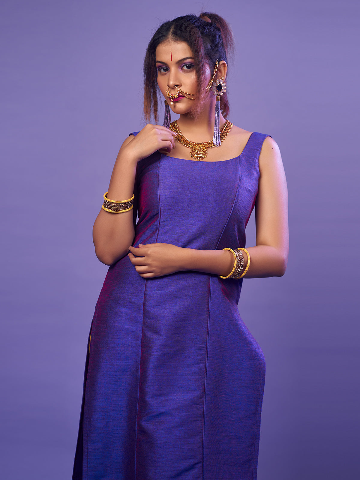 Purple Sleeveless raw silk kurta