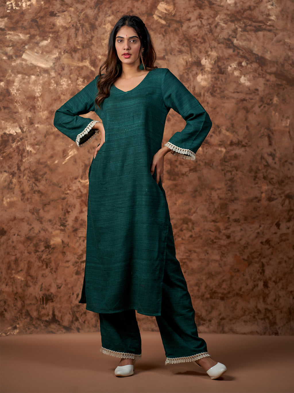 Ethnic Kashmiri Set in Bottle Green