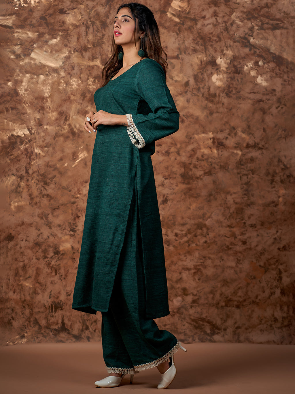 Ethnic Kashmiri Set in Bottle Green