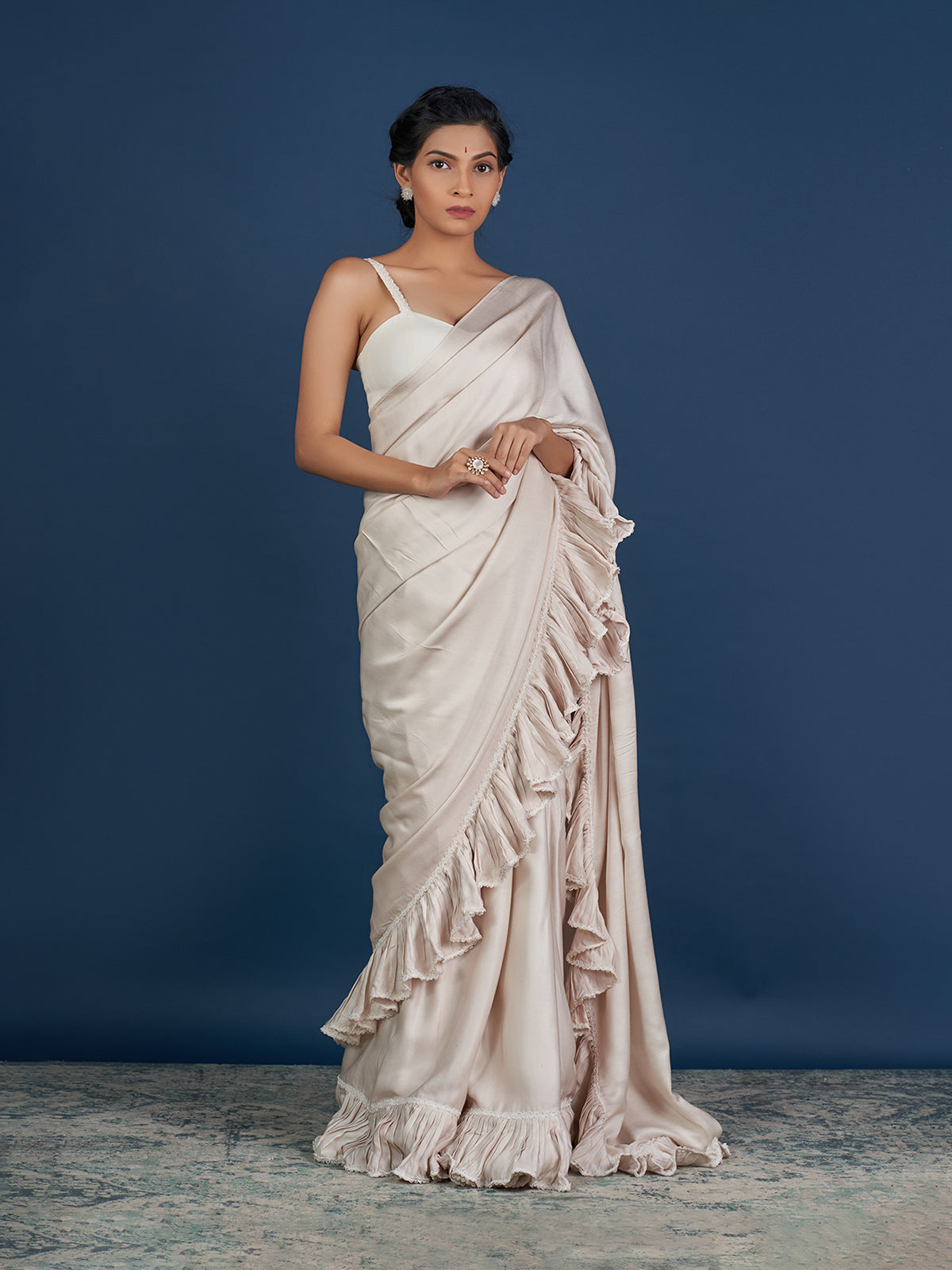 Romantic Pastel Cream Ruffle Saree
