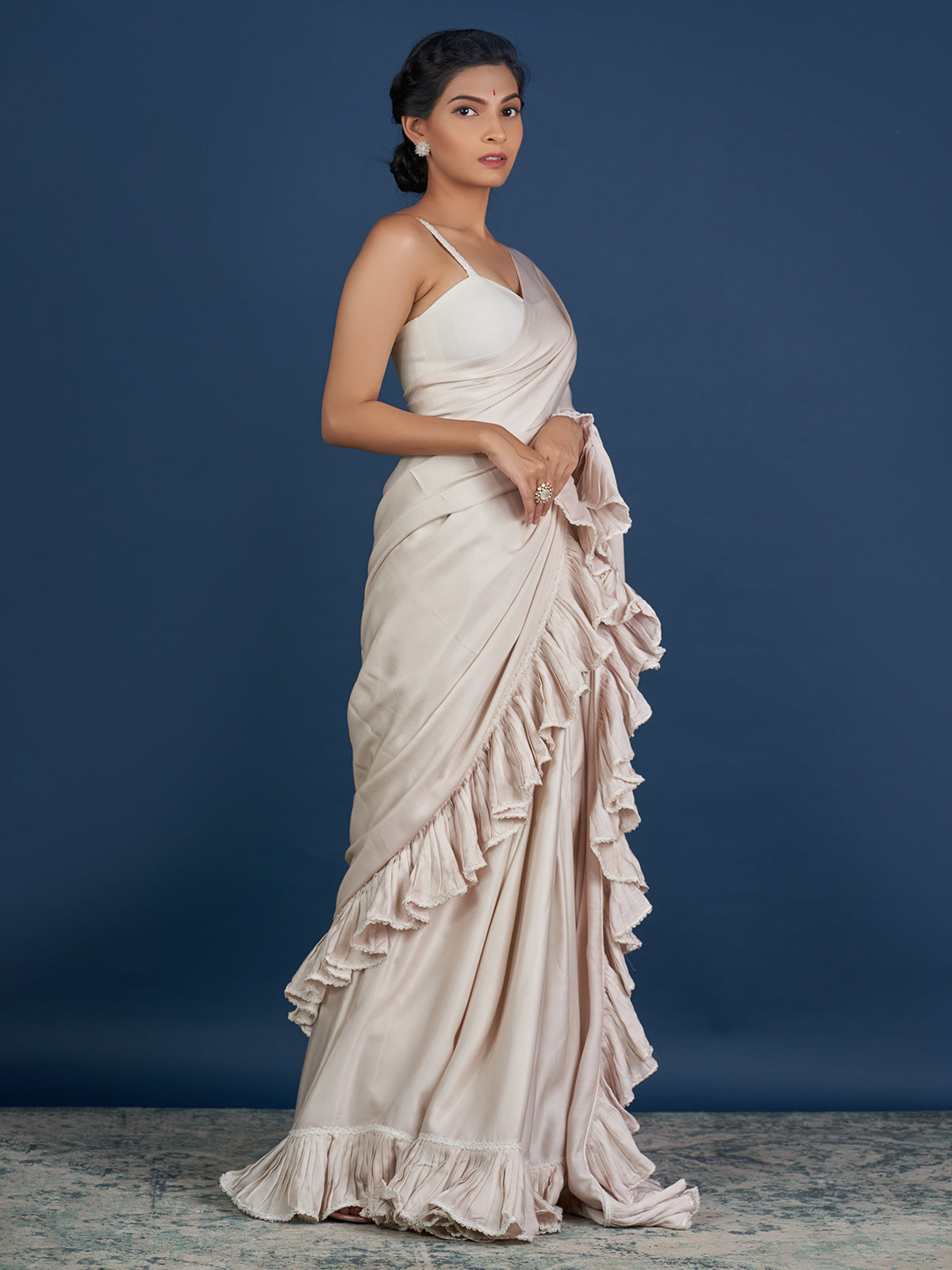 Romantic Pastel Cream Ruffle Saree