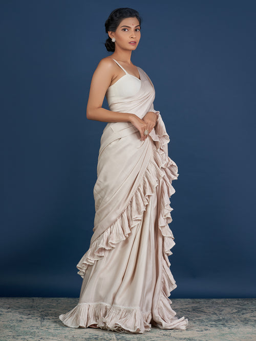 Romantic Pastel Cream Ruffle Saree