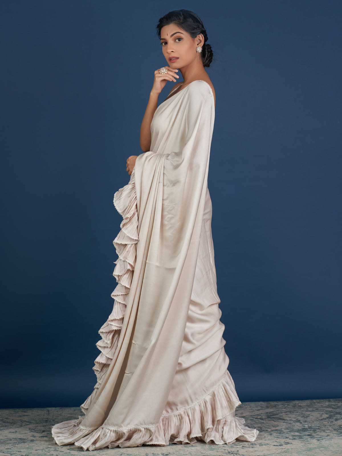 Romantic Pastel Cream Ruffle Saree