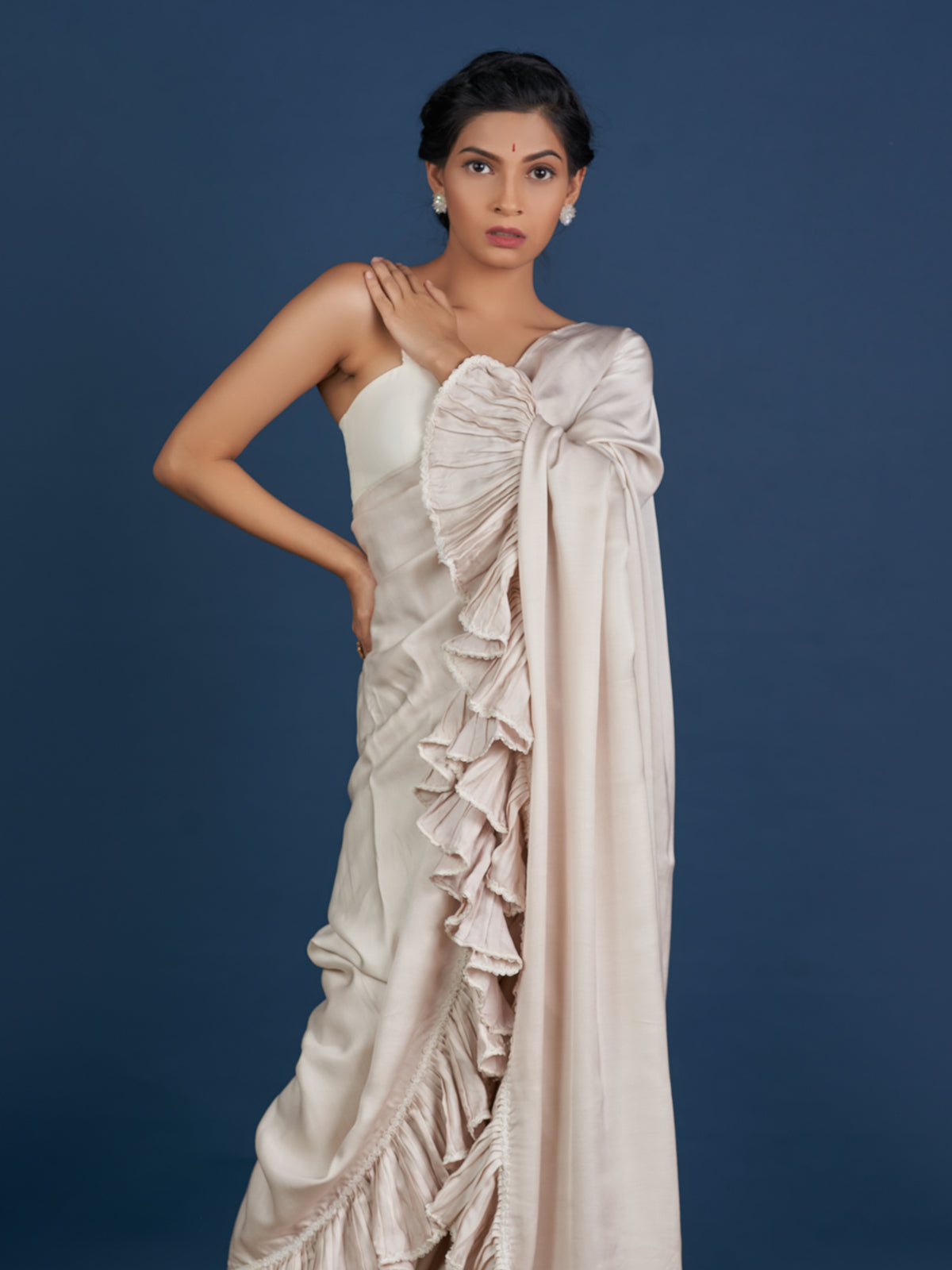 Romantic Pastel Cream Ruffle Saree