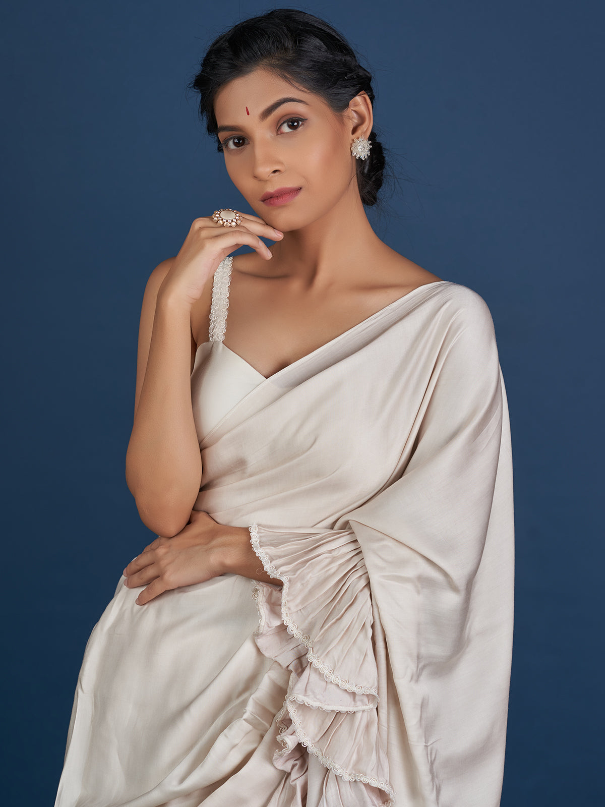 Romantic Pastel Cream Ruffle Saree