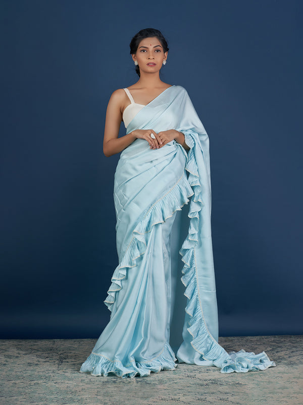 Romantic Pastel Aqua Ruffle Saree