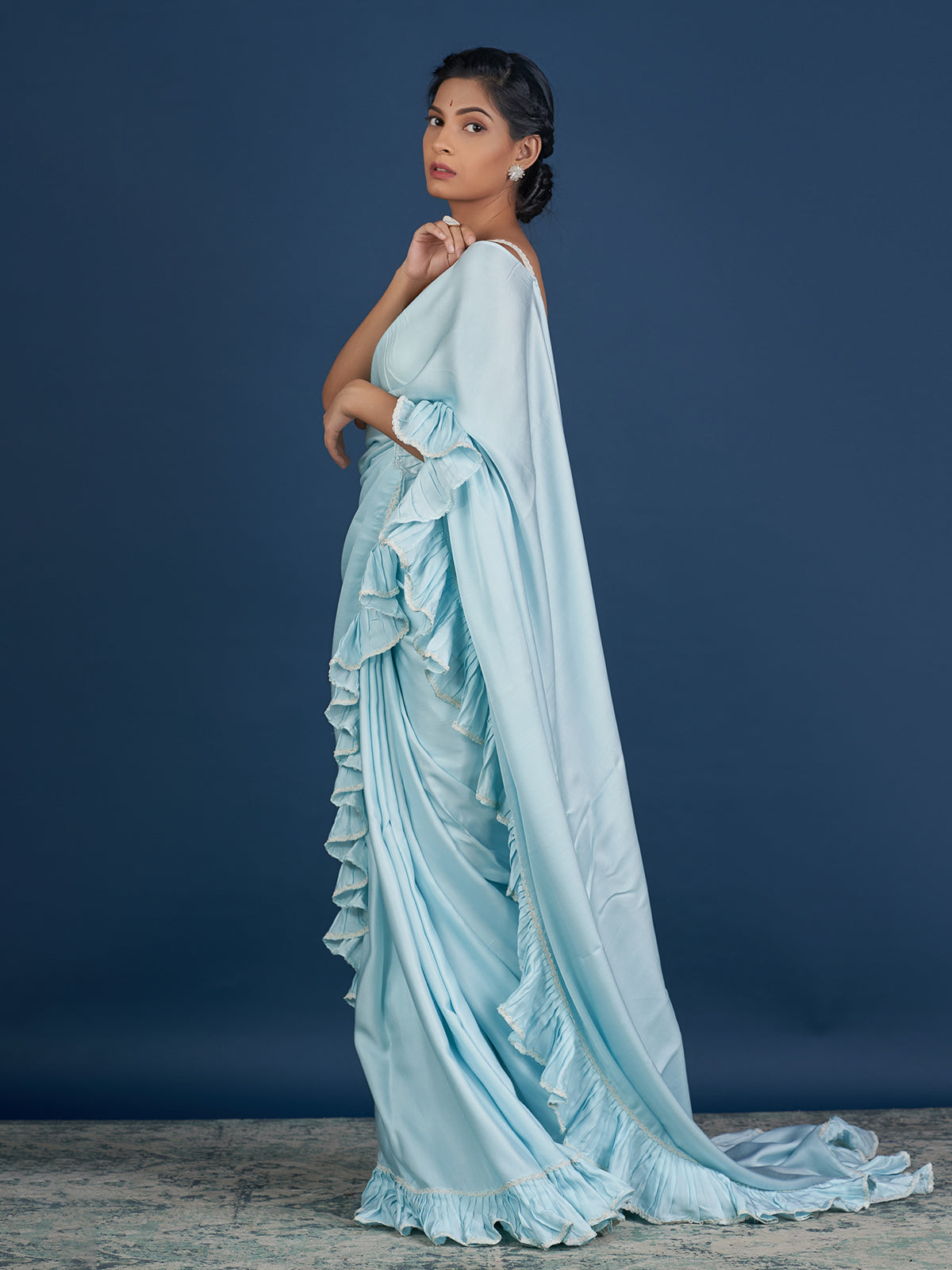 Romantic Pastel Aqua Ruffle Saree