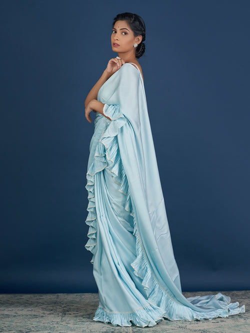 Romantic Pastel Aqua Ruffle Saree
