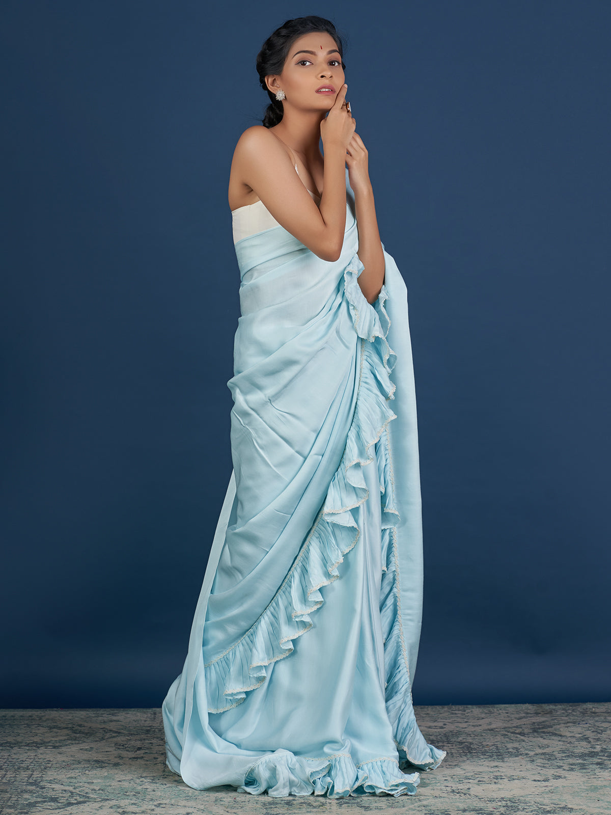 Romantic Pastel Aqua Ruffle Saree