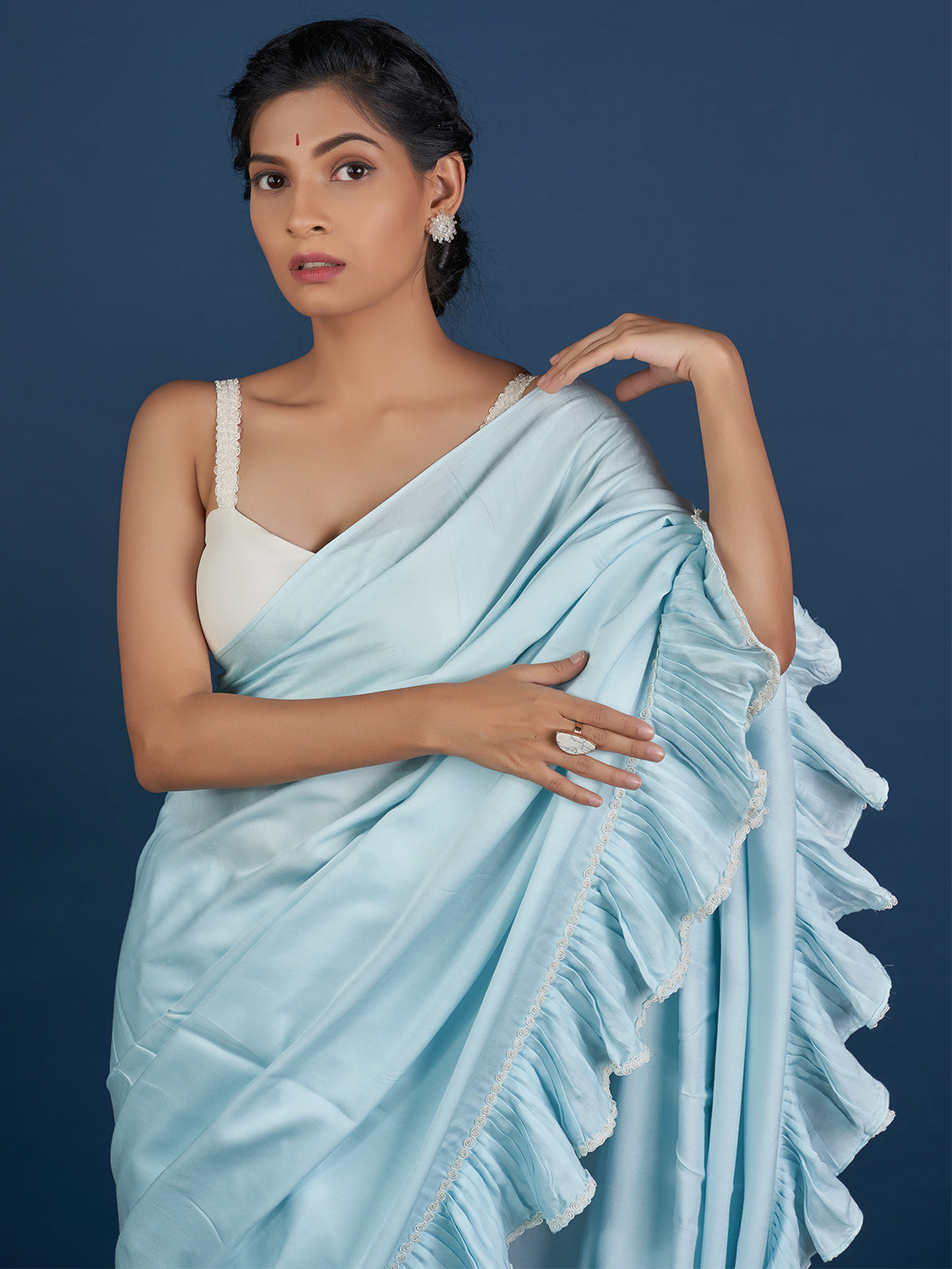Romantic Pastel Aqua Ruffle Saree