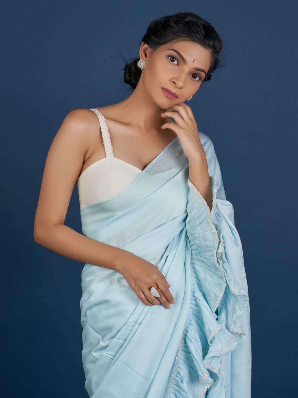 Romantic Pastel Aqua Ruffle Saree