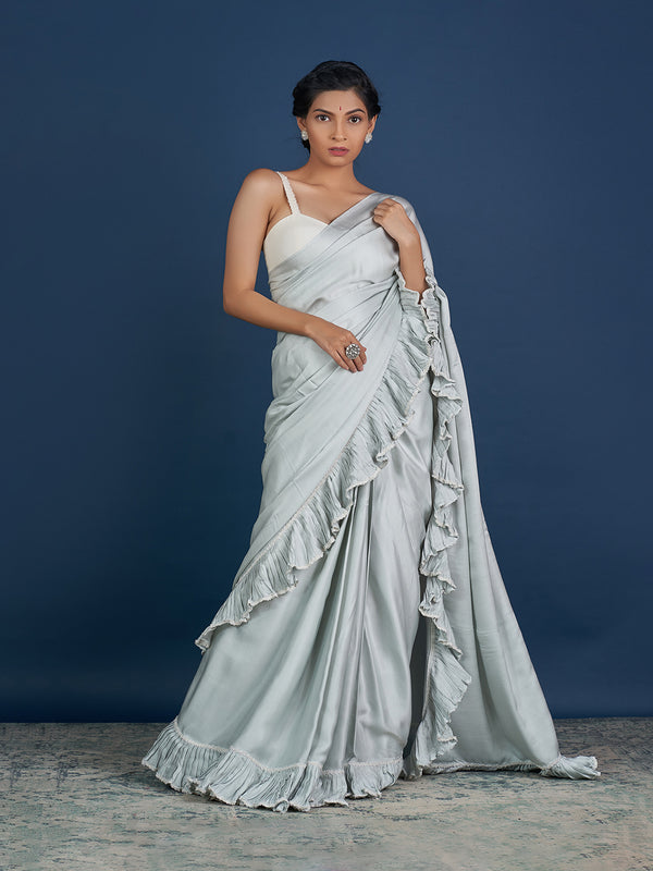 Romantic Pastel Grey Ruffle Saree