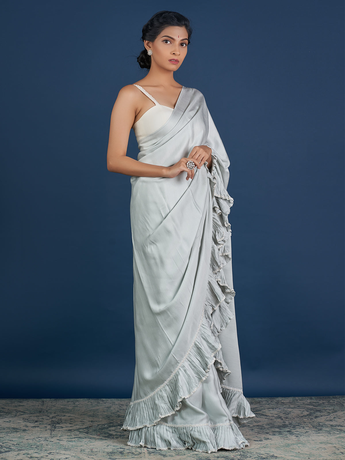 Romantic Pastel Grey Ruffle Saree