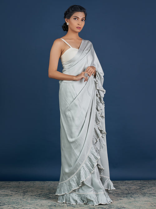 Romantic Pastel Grey Ruffle Saree