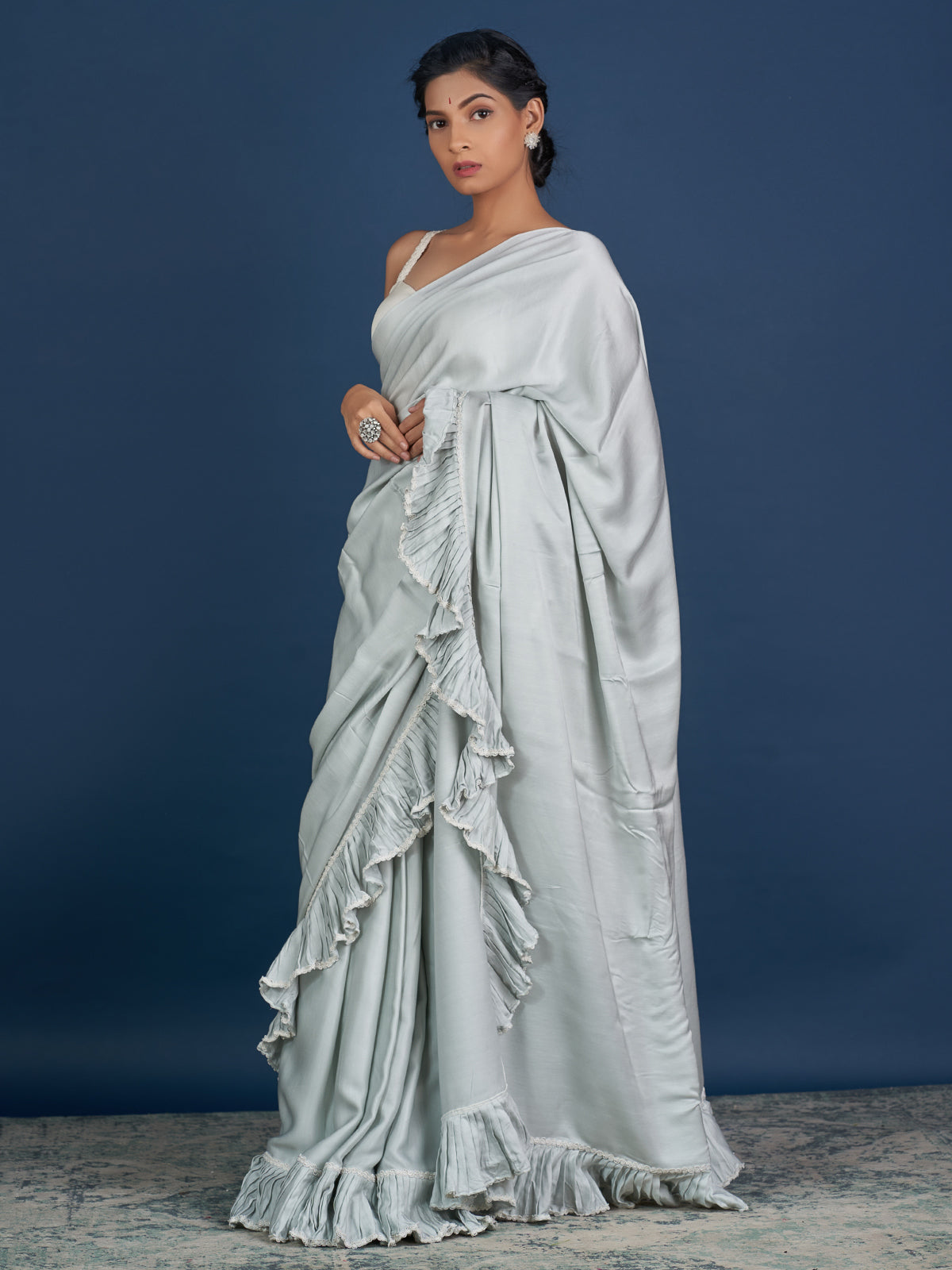 Romantic Pastel Grey Ruffle Saree