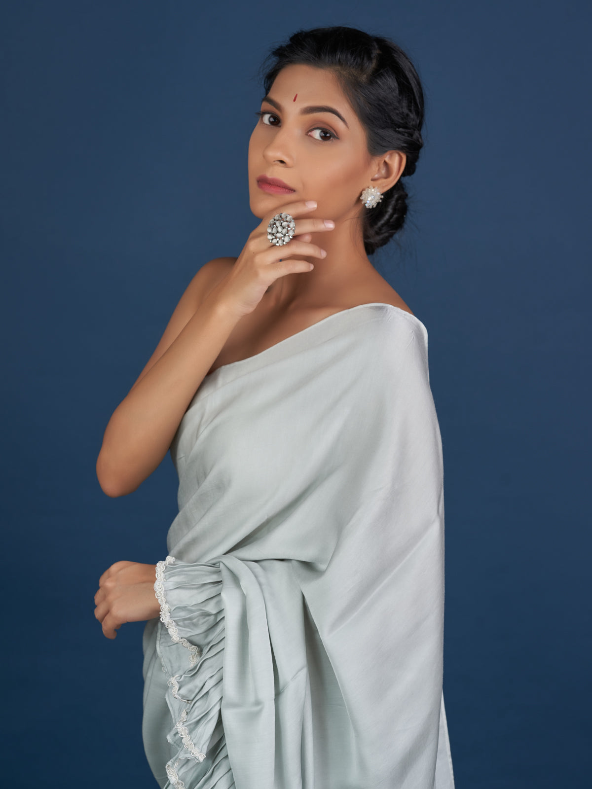 Romantic Pastel Grey Ruffle Saree