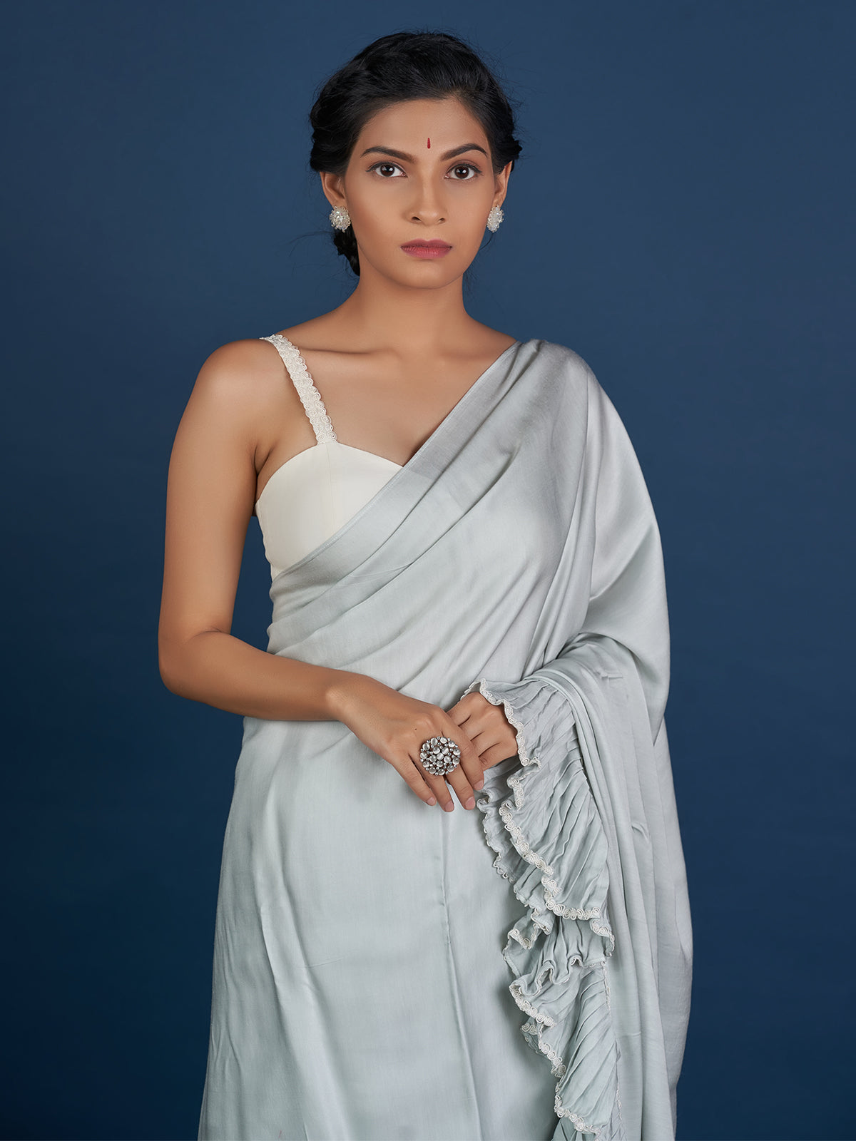 Romantic Pastel Grey Ruffle Saree
