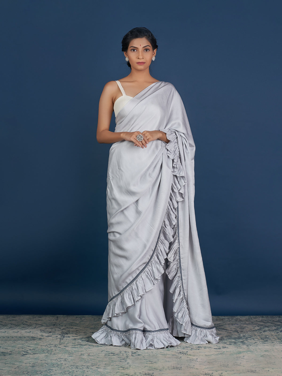 Romantic Silver Ruffle Saree