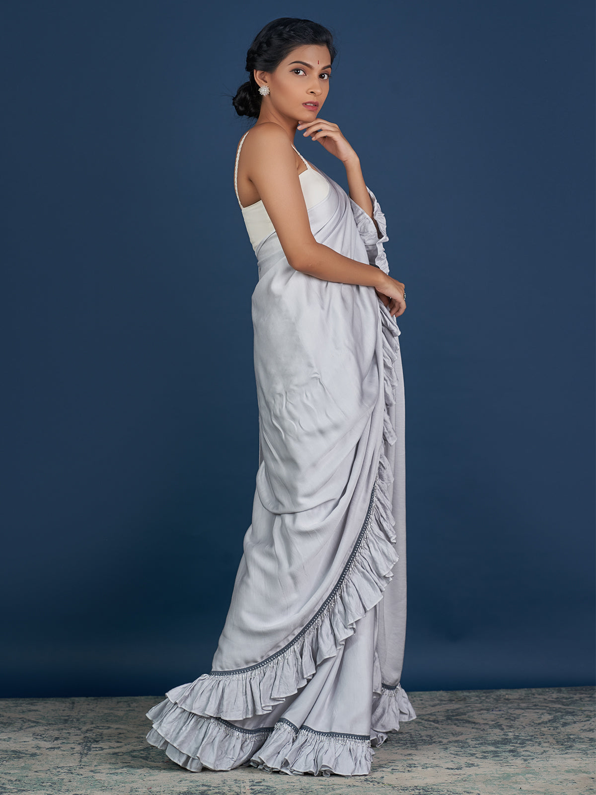 Romantic Silver Ruffle Saree