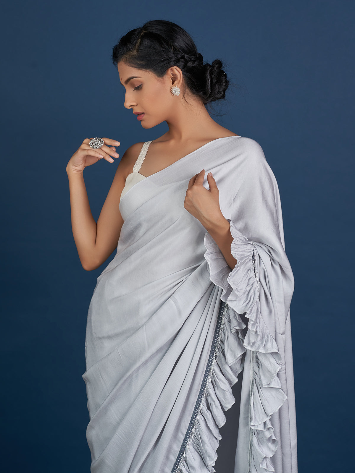 Romantic Silver Ruffle Saree