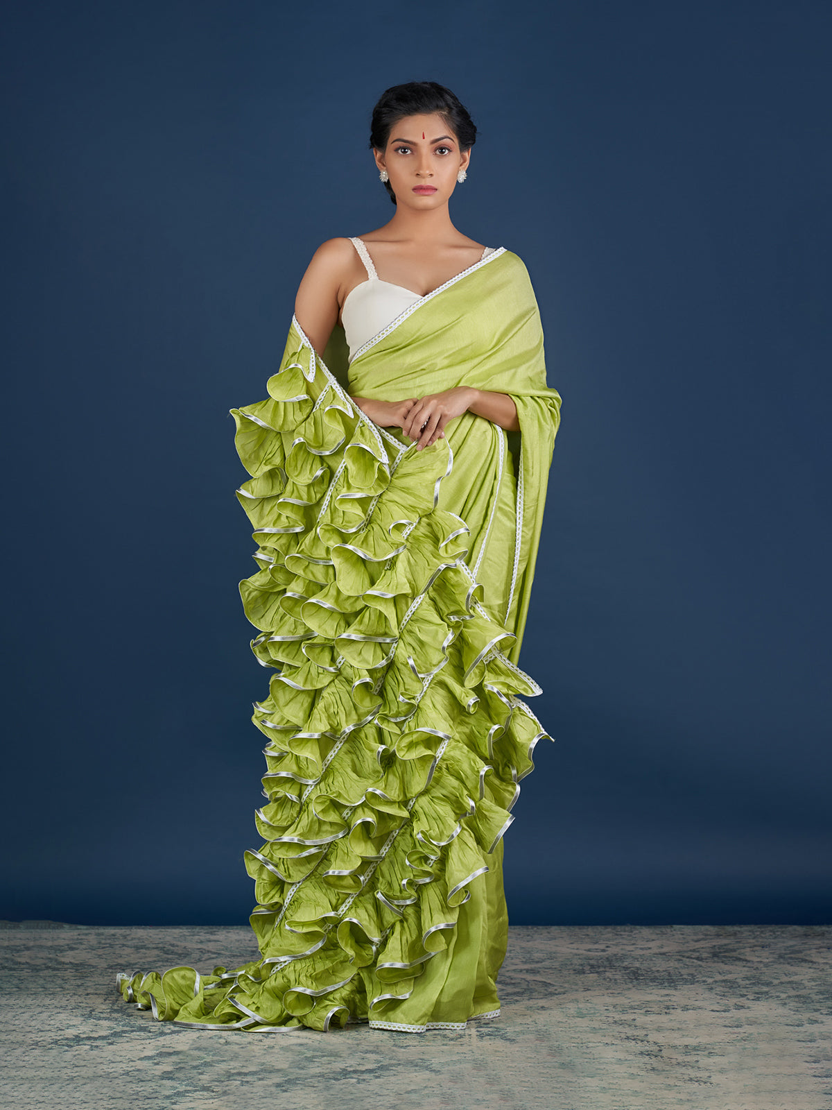 Romantic Parrot Green Ruffle Saree