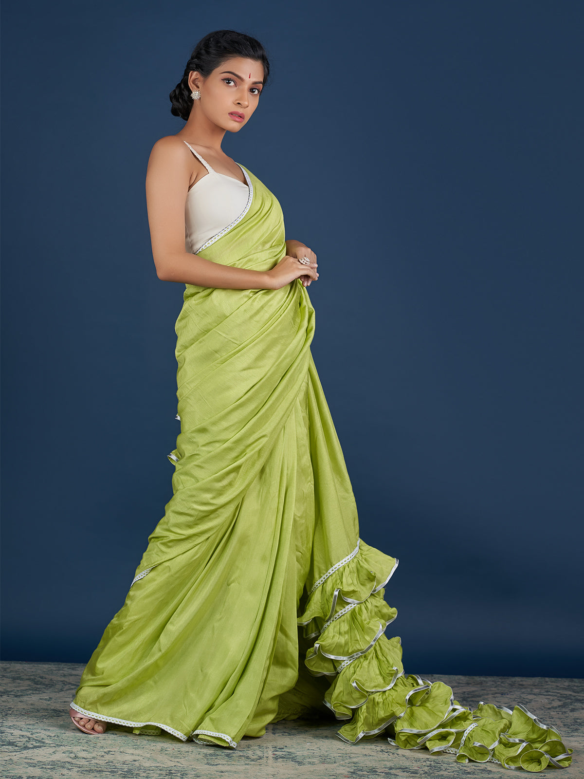 Romantic Parrot Green Ruffle Saree