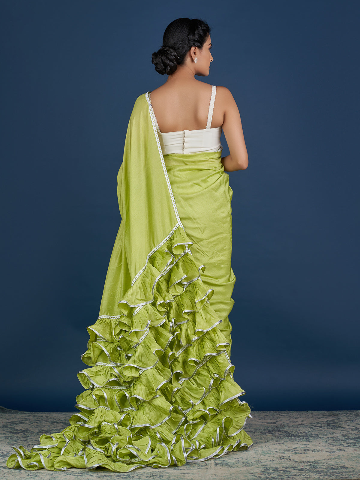 Romantic Parrot Green Ruffle Saree