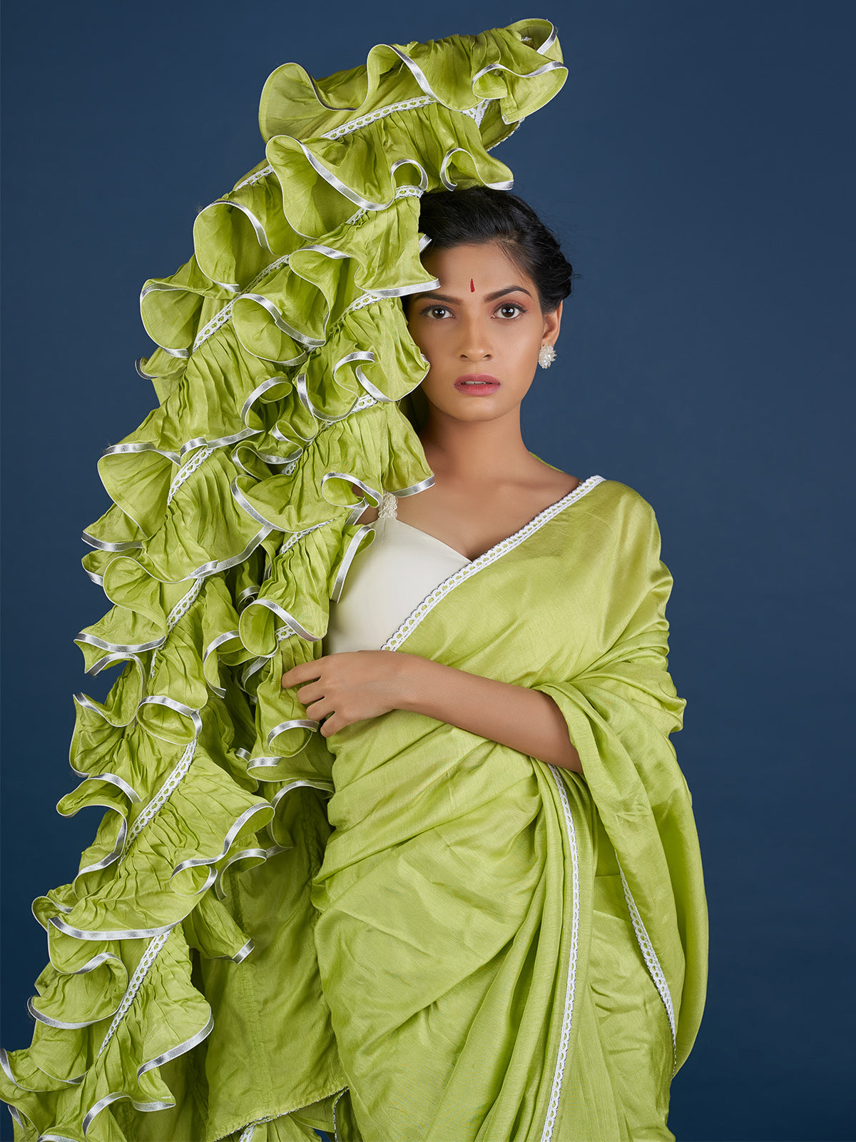 Romantic Parrot Green Ruffle Saree