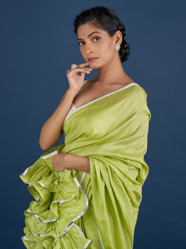 Romantic Parrot Green Ruffle Saree