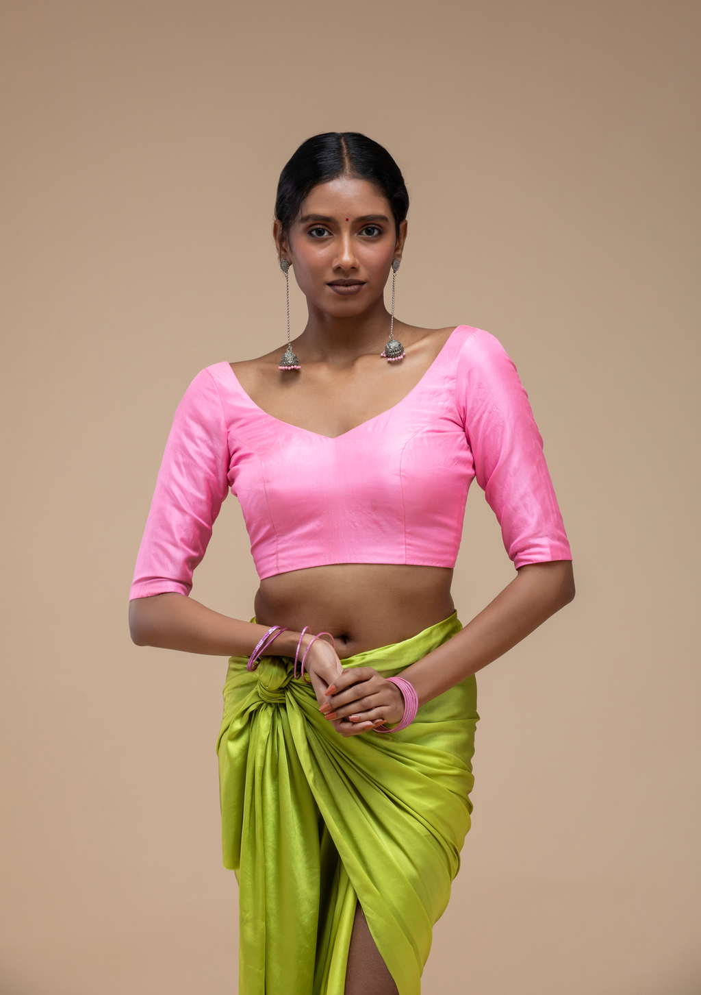Pink V-Neck Saree Blouse with Deep Back