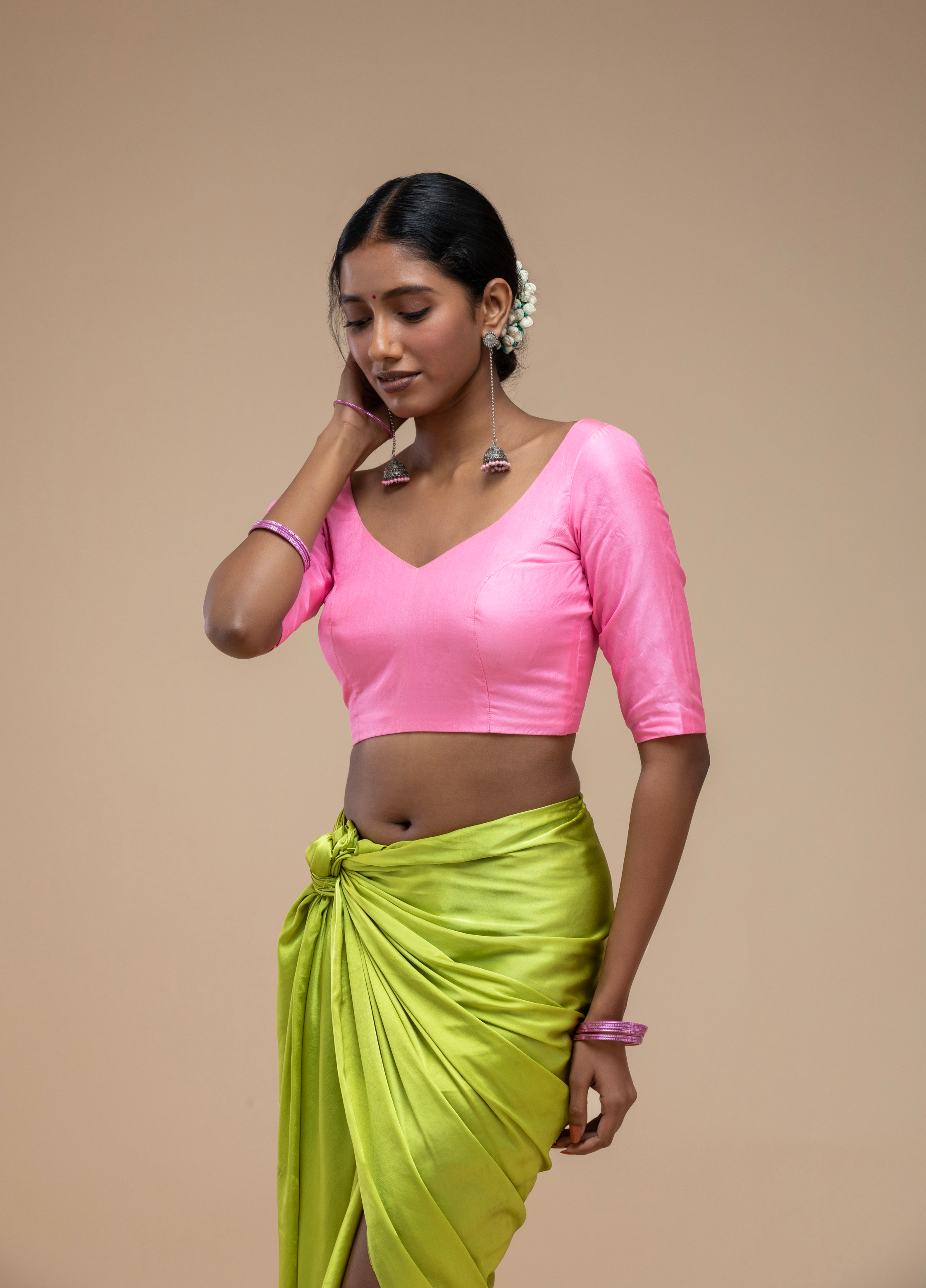 Pink V-Neck Saree Blouse with Deep Back