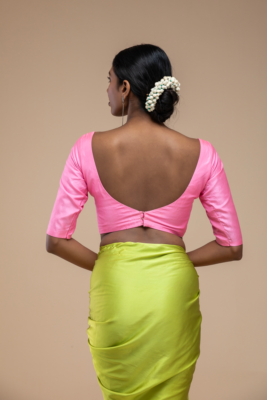 Pink V-Neck Saree Blouse with Deep Back
