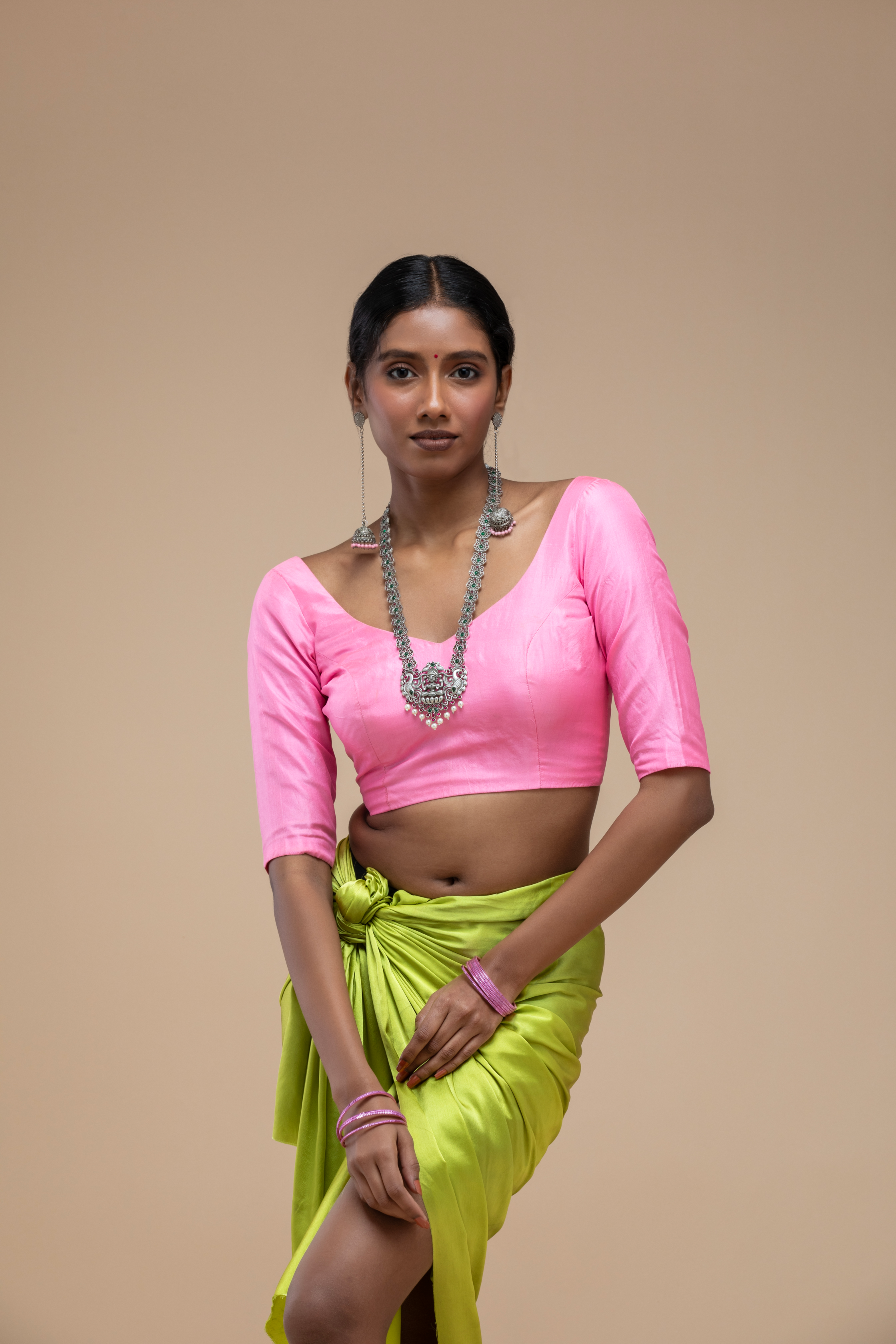 Pink V-Neck Saree Blouse with Deep Back