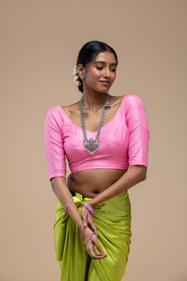 Pink V-Neck Saree Blouse with Deep Back
